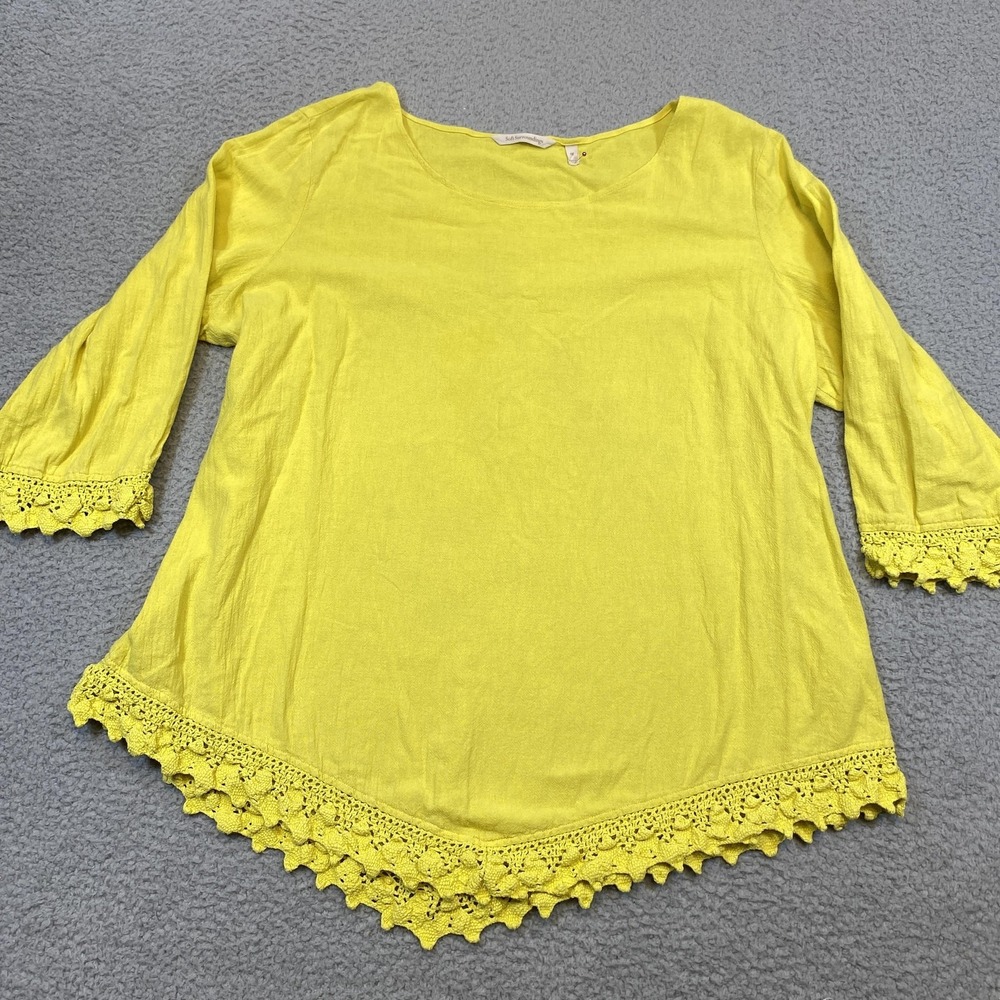 Soft Surroundings Top Womens 1X Yellow Crochet Trim 3/4 Sleeve Tunic Boho Blouse